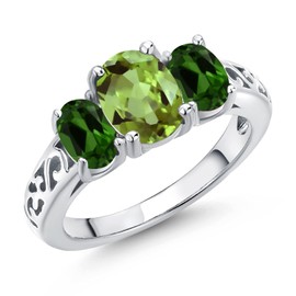 Gem Stone King 925 Sterling Silver Green Peridot and Green Chrome Diopside Filigree Style 3 Stone Ring for Women (2.52 Cttw, Oval 8X6MM and 6X4MM, Available in Size 5, 6, 7, 8, 9)