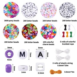 QUEFE 4700pcs, 72 Colors Pony Beads Rainbow Kandi for Bracelets Making Kit, 3600pcs 9mm Plastic and 1000pcs Letter Beads, Alphabet for Jewelry Making With Elastic Threads