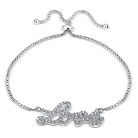 Hoops & Loops Pulsera ajustable de plata de ley con circonita cúbica, 10 pulgadas, Plata de ley Piedra, circonita
