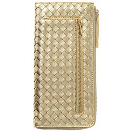 World Closet Women's Long Wallet, Genuine Leather, L-Shaped Zipper, Holds 24 Cards, Ultra Lightweight, Thin, Removable Strap, Braided Lamb Leather, yellow gold