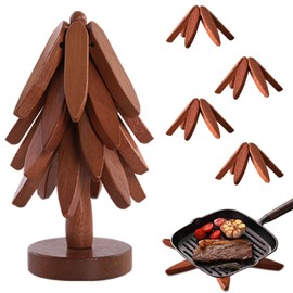 Wooden Trivets for Hot Dishes - Wooden Tree Trivet Set, Tree Trivets for Hot Pots and Pans, Wooden Tree Coasters with 4 Wooden Trivets + 1 Stand(Walnut,4)