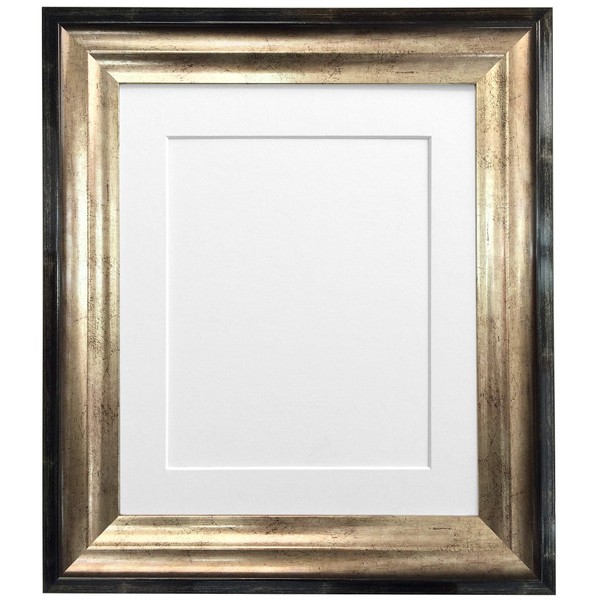 FRAMES BY POST Firenza Antique Distressed Black and Gold Picture Photo Frame Plastic Glass with White Mount 24\"x18\" for Picture Size 18\"x12\