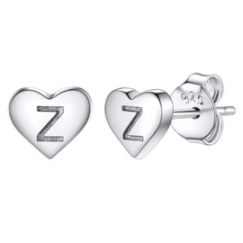 Studs Earrings for Women, S925 Sterling Silver Heart Initial Letter Z Small Tiny Earrings for Girls Ladies Mum Daughter Sisters Friends Lover Hypoallergenic Silver Jewellery with Gift Box