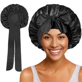 1 piece satin silk nightcap adjustable nightcare protective hood for women and girls, curly hair smooth and breathable (black)