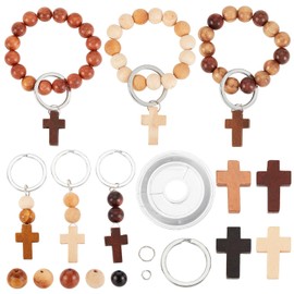 SUNNYCLUE 250Pcs Wood Cross Charms Easter Holiday Small Cross Beads Bulk Wooden Round Beads Unfinished Wood Bead 10mm Beading Keychain Making Kit Mini Cross Charm for Keychains Bracelets DIY Craft