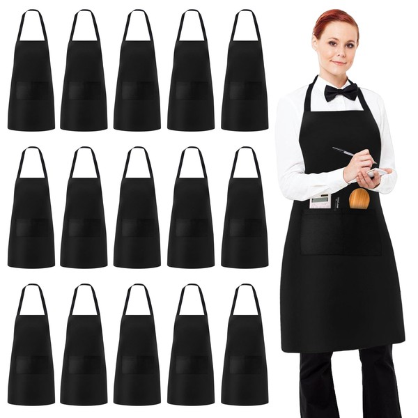 Pack of 15 Cooking Aprons, Black Apron with 2 Pockets,