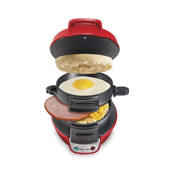 Hamilton Beach Breakfast Sandwich Maker with Egg Cooker Ring, Customize Ingredients, Perfect for English Muffins, Croissants, Mini Waffles, Dorm Room Essentials, Red (25476)