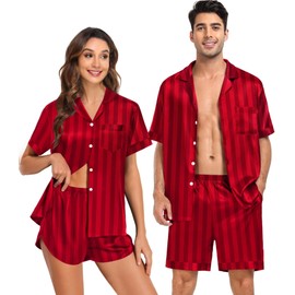 SWOMOG Couple Satin Matching Pajamas Sets Women & Men Short Sleeve Sleepwear Silk Button Down Nightwear 2 Pieces Loungewear