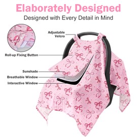 Resiprolty Baby Car Seat Cover with Mesh Window, 100% Cotton Carseat Covers Baby Boy Breathable Infant Car Seat Cover Spring Summer Baby Carseat Cover Lightweight Infant Car Seat Canopy - Pink Bow