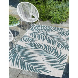 Unique Loom Outdoor Botanical Collection Area Rug - Palm (9' x 12' Rectangle, Teal Ivory)