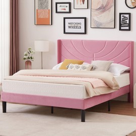 VECELO Queen Size Bed Frame Upholstered Platform with Wave Fabric Headboard,Wooden Slats Support/No Box Spring Needed/Mattress Foundation/Easy Assembly,Pink