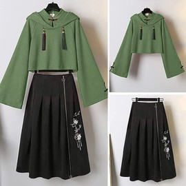 Minesam Chinese Style Hoodie, Women's, Hooded, 2-Piece Set, Top and Skirt, Chinese Clothing, Stylish, Spring and Autumn, 01 Army Green