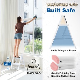 Double Elite Step Ladder 2 Step Folding, Sturdy 330 Lbs Load Step Stool for Adults, Safer Full Steel Kitchen Closet Ladder for Home, Multi-use Small Step Stool Ladder with Anti-Slip Wide Pedals, White