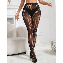 ohmydear Fishnet Tights Black High Waist Fishnet Stockings Open with Irregular Hollow Design Fishnet Tights Pantyhose Large Sizes for Everyday Use Dates, Night Clubs, black