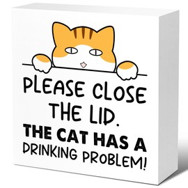 Funny Ginger cat Bathroom Wood Block Signs,Rustic Please Close the Lid the Cat Has A Drinking Problem Wooden Box Sign for Bathroom Shelf Toilet Restroom Home Tabletop Desk Decor