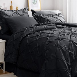 JOLLYVOGUE Black Full Size Comforter Sets 7 Pieces, Pintuck Bed in a Bag Comforter Set for Bedroom, Bedding Comforter Sets with Comforter, Sheets,Ruffled Shams & Pillowcases