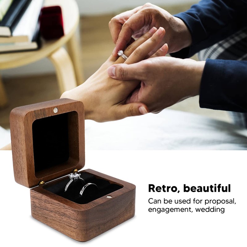 Caja de Anillo de Madera de Nogal Negro, Botón Magnético