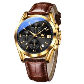 OLEVS Men's Round Watches with Leather Band Auto Date Quartz Watches for Men Black Dial Roman Number Men's Chronograph Watch Rose Gold Bezel Three Hands Classic Mens Sports Wristwatch Reloj De Hombre