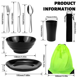 Jeinbuil Camping Cutlery Set Camping Crockery Set Reusable Lightweight Cups, Bowls, Plates and Stainless Steel Cutlery with Bag for Camping, Hiking and Picnics Dishwasher Safe