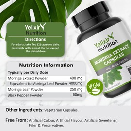 Yelixir Nutrition Moringa Capsules 4250mg, High Strength Moringa Leaf Extract 120 Veg Capsules with Black Pepper