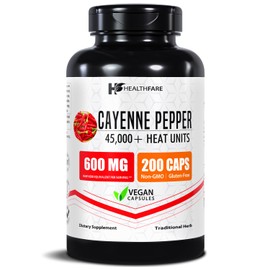 Healthfare Cayenne Pepper Extract 600mg | 200 Veg Capsules | 45,000 HU | Vegan, Non-GMO, Gluten-Free | Made in The USA