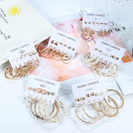 CASSIECA 36 Pairs Gold Pearl Earrings Set for Women Girls Fashion Chain Link Hoop Stud Drop Dangle Earrings Boho Statement Paperclip Hypoallergenic Earrings for Birthday Party Christmas Jewelry Gift