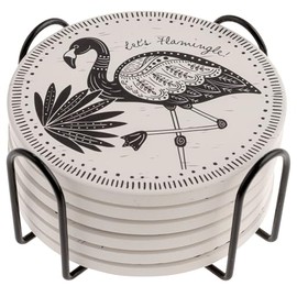 Karma, Black and White Coastal Coaster Set of 6 - Coasters for Drinks Absorbent with Metal Holder - Great Gift for Birthday, Housewarming, Room Decor, Bar, Holiday Party