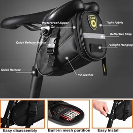 AaiLucky Bicycle Saddle Bag with Bike Tire Repair Tool Kit, 16-in-1 Multitool & Bike Tail Light, Complete Bicycle Accessories Set for Adults Road MTB Bikes, Portable Bike Seat Bag, Waterproof, 1.5L