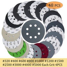 Aewio 48PCS 5 inch 8 Hole #320-#5000 Sanding Discs 320 400 600 800 1000 1200 1500 2000 2500 3000 4000 5000 Grit Wet Dry Sandpaper Compatible for Random Orbital Sanders (#320-#5000 Grit Each 4PCS)