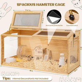 Hamster Cage 40" Wooden Chewproof, 270° View Large Habitat with Bite-Proof Metal Mesh & Top Dual Access Doors, Acrylic Sheets & Solid Build for Dwarf Syrian Hamsters/Gerbils/Guinea Pigs/Chinchillas