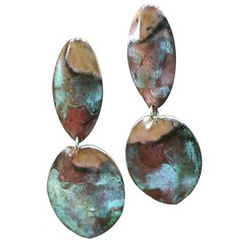 Verdigris Patina Solid Brass Double Sculptural Oval Young Collectors Earrings