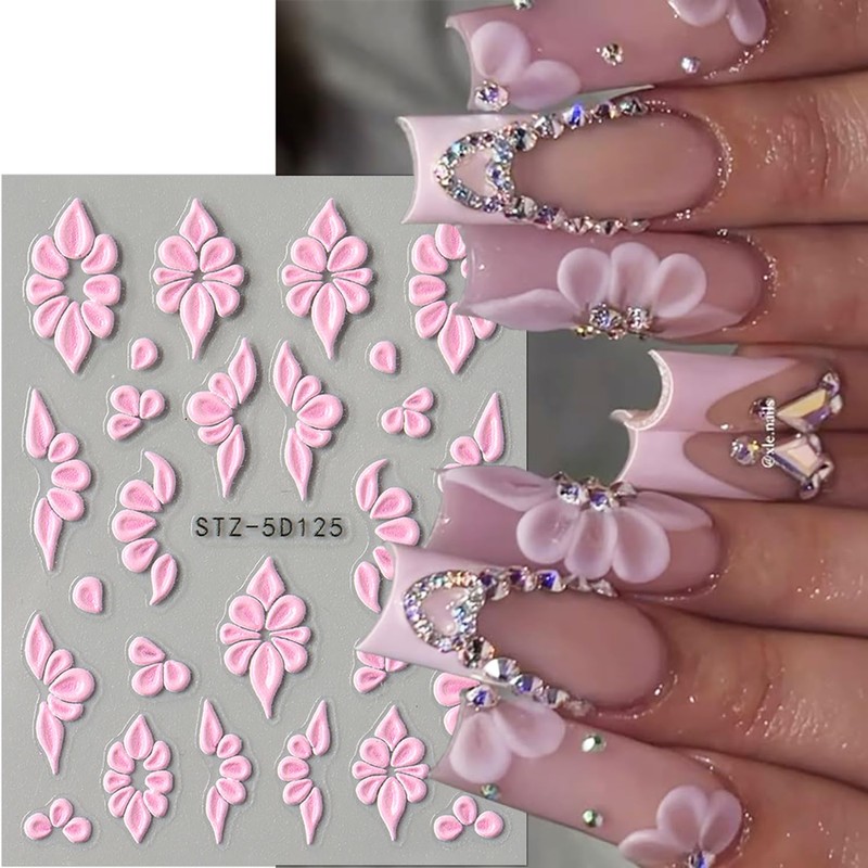 3 Sheets Embossed Flower Nail Stickers for Nail Art White