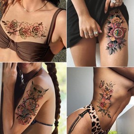 Colorful Flower Rose Temporary Tattoos For Women Girls-Waterproof Long Lasting Fake Flower Tattoos Body Art Arm Shoulder Big Tattoo Stickers