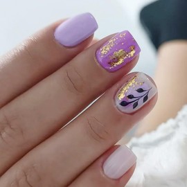24Pcs Purple Press on Nails Short Square Nail Tips Autumn Winter Fake Nails Press ons with Gold Foil Fall Leaves Design Nude False Nails Full Cover Glossy Glue on Nails Acrylic Nail Kit for Women