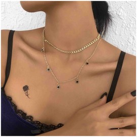 Cimenexe Bohemian Layered Star Necklace Choker Black Star Dangle Necklace Curb Chain Necklace Double Layering Chain Necklace Jewelry for Women and Girls