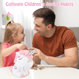 Unicorn Piggy Bank Girls, Briuhap Unbreakable Resin Money Coin Bank, Cute Kids Piggy Bank with DIY Alphabet & Rhinestone Stickers, Great Gifts for Birthday, Christmas, Baby Shower