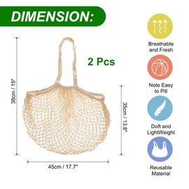 uxcell 2Pcs Reusable Mesh Produce Storage Bags Washable Net Portable Fruit and Vegetable Bag Cotton String Bags for Grocery Shopping Storage Fruit Vegetable, Beige, Long Handle