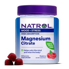 Natrol Magnesium Citrate, High Absorption Magnesium Supplement for Mood and Stress, Helps Calm The Mind and Relax The Body, 60 Raspberry-Flavored Gummies, Up to a 30 Day Supply