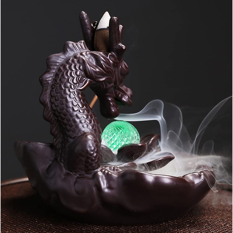 Dragon Incense Waterfall Burner with Multicolour Crystal Ball Ceramic Backflow