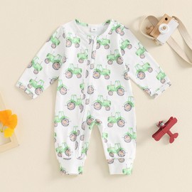 Lamuusaa Newborn Baby Girl Boy Clothes Long Sleeve Tractor Romper Zipper Bodysuit Jumpsuit One Piece Fall Outfit (Green, 0-3 Months)