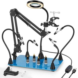 Toolour Magnetic Helping Hands Soldering Clamp 2-in-1 Third Hand Work Station w/Magic Arm,PCB Solder Arms Tools,360° Hot Air Gun Holder,3X Magnifier Lamp for Electronics Welding Repair