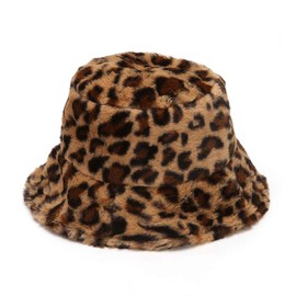 Women's Leopard Print Faux Fur Bucket Hat Fluffy Winter Warmer Plush Fisherman Cap