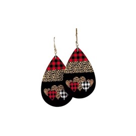 Valentine's Day Love Heart Leather Earrings Red Black Striped Buffalo Plaid Check Dangle Earrings Buffalo Leopard Printed Drop Earring for Women(H)