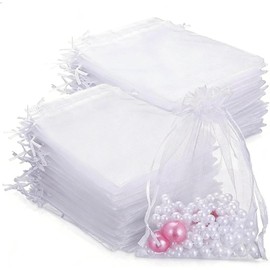 100 Pzs Bolsas de Organza Transparentes con Cordón, 10 x 15 cm Bolsas de Malla para Regalos de Boda, Joyería, Caramelos, Navidad, Cumpleaños y Souvenirs (Blanco)