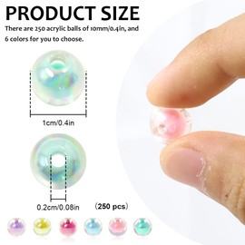 Modixun 250Pcs Shiny Candy Color Acrylic Beads, Round Transparent Mixed Colors Aesthetic Beads, Charm Rainbow Beads for Jewelry Making DIY Bracelet Necklaces Crafts, 10mm