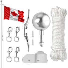 Lainballow Flag Pole Hardware Repair Parts Kit, 50 Ft Halyard Rope + 3" Silver Ball + 6" Zinc Alloy Cleat + 4 Pcs Metal Swivel Snap Hooks + Aluminum Alloy Flagpole Pulley Truck for 2" OD Tube