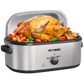HEYNEMO Electric Roaster Oven, 20 QT Turkey Roaster with Self-Basting Lid and Buffet Server, Turkey Roaster Oven with Defrost and Warm Function, Removable Pan & Rack, Stainless Steel, Silver