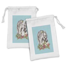 Lunarable Gypsy Fabric Pouch Set of 2, Horse Portrait with Floral Bouquet Bohemian Shabby Tribal Graphic Art, Small Drawstring Bag for Toiletries Masks and Favors, 9" x 6", Multicolor