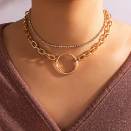 TseenYi Gold Layered Necklace Open Circle Necklace Punk Chunky Chain Choker Necklace Gold Rhinestone Choker Necklace Jewelry for Women and Girls Gifts