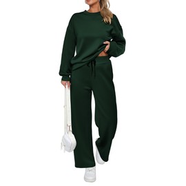 PRETTYGARDEN Women's Two Piece Outfits Long Sleeve Crewneck Sweatsuit Jogger Pants Lounge Sets with Pockets (Dark Green,Medium)